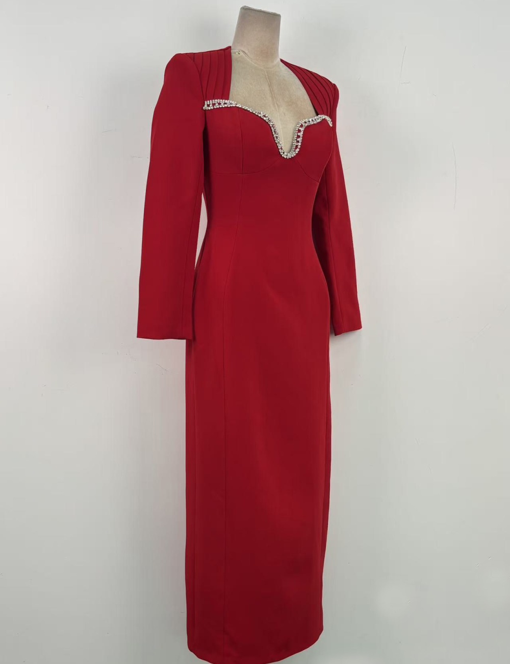 Temperament red niche evening dress rhinestone low-cut dress