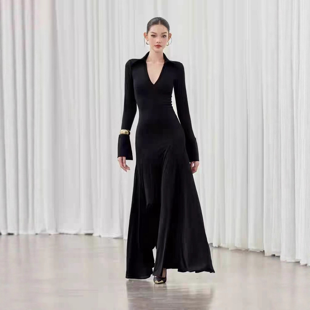 Temperament V-neck slim dress black big skirt long dress