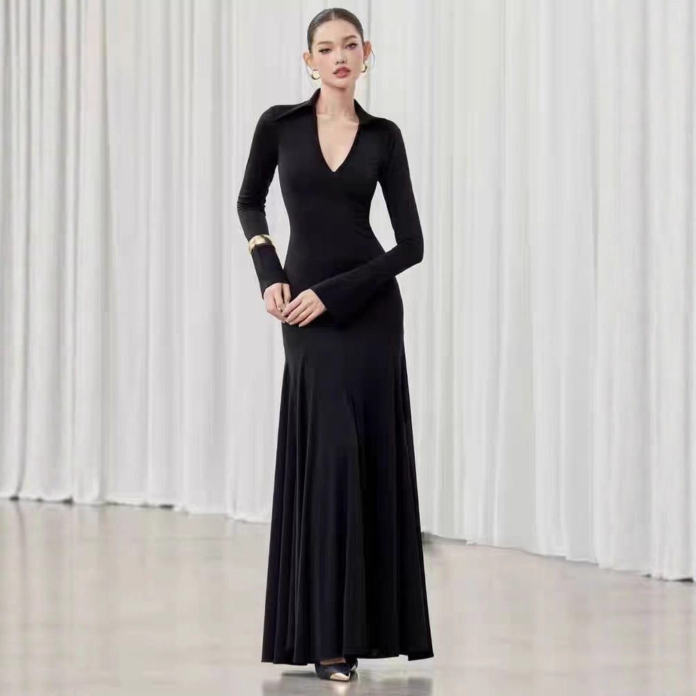 Temperament V-neck slim dress black big skirt long dress