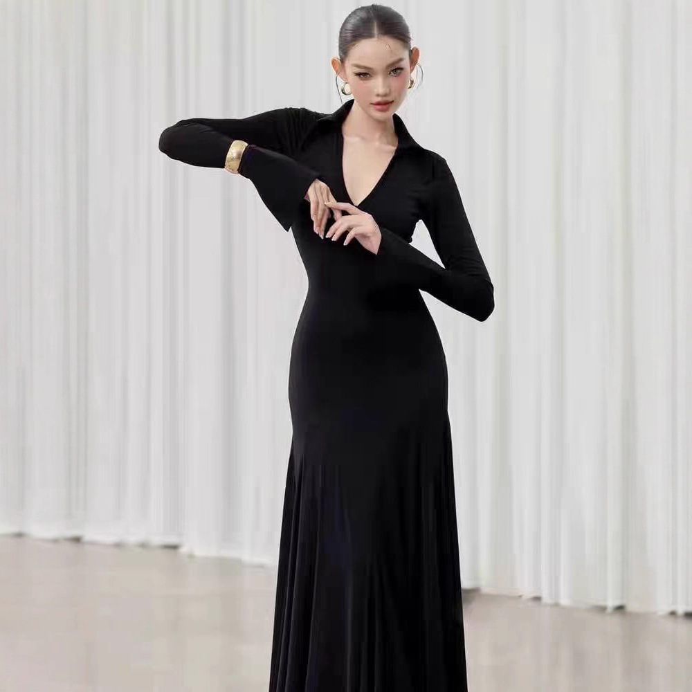 Temperament V-neck slim dress black big skirt long dress