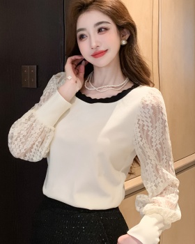 Lace splice tops puff sleeve long sleeve T-shirt