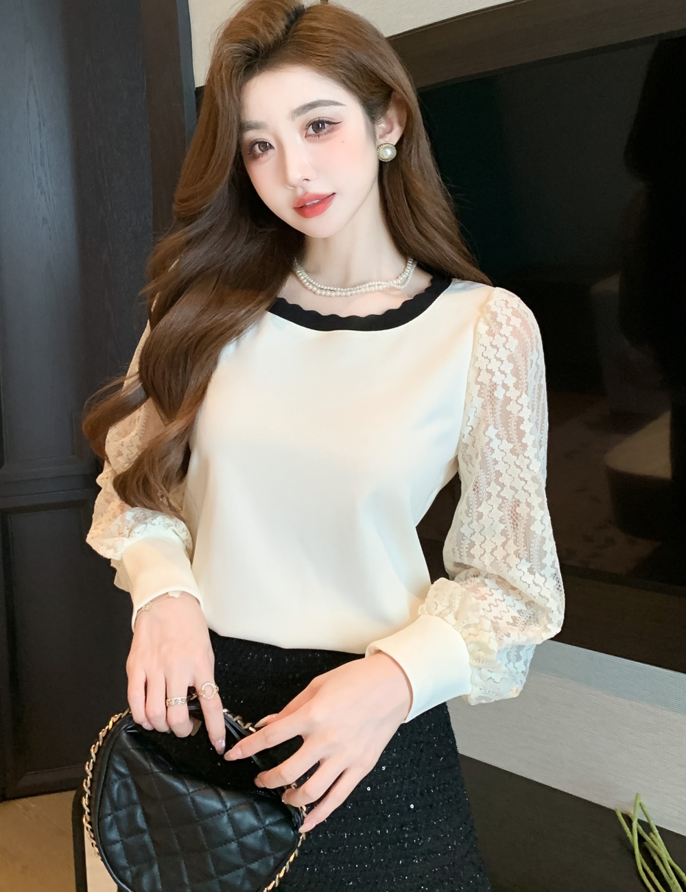 Lace splice tops puff sleeve long sleeve T-shirt
