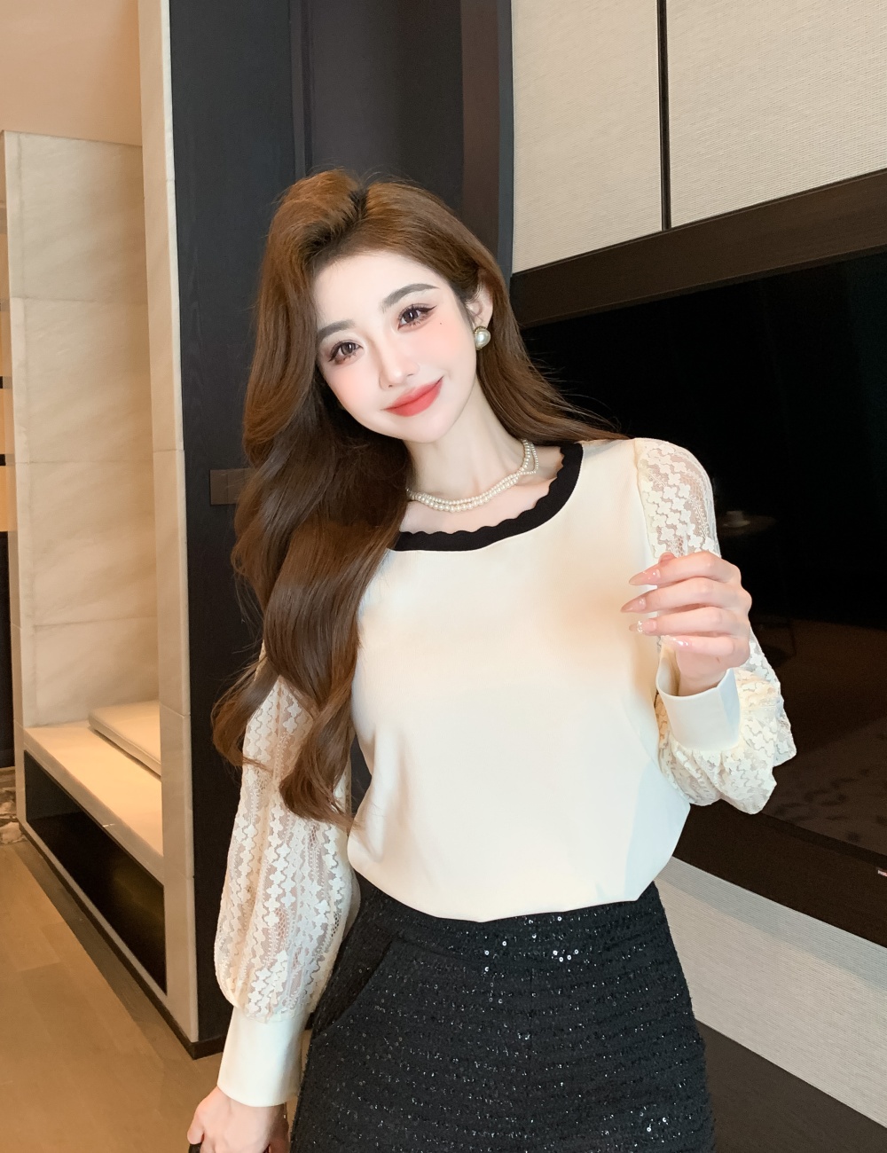 Lace splice tops puff sleeve long sleeve T-shirt