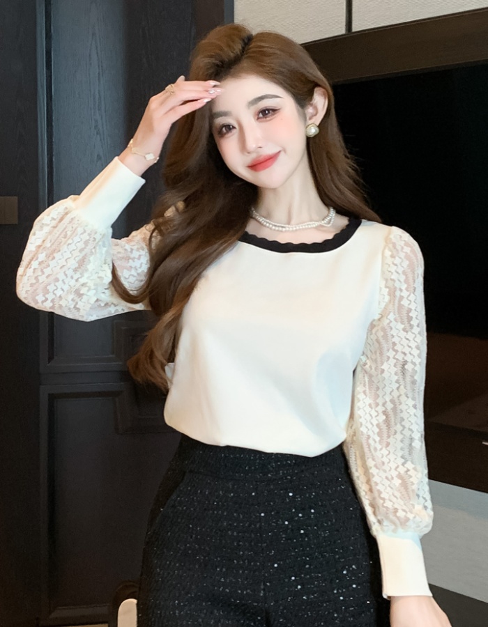 Lace splice tops puff sleeve long sleeve T-shirt