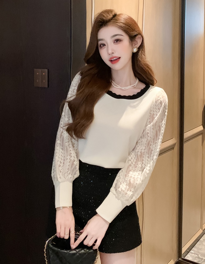 Lace splice tops puff sleeve long sleeve T-shirt