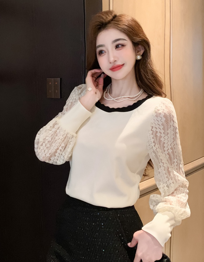 Lace splice tops puff sleeve long sleeve T-shirt