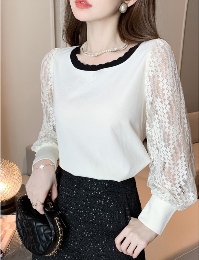 Lace splice tops puff sleeve long sleeve T-shirt