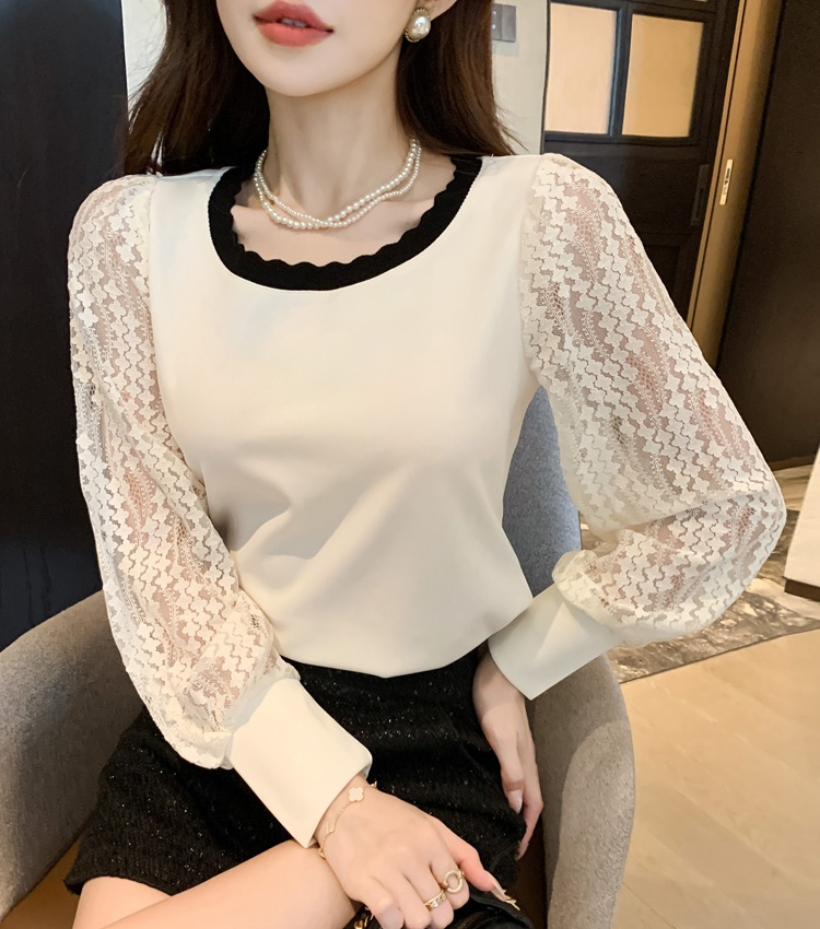 Lace splice tops puff sleeve long sleeve T-shirt