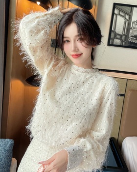 Long sleeve tassels small shirt sequins chiffon shirt