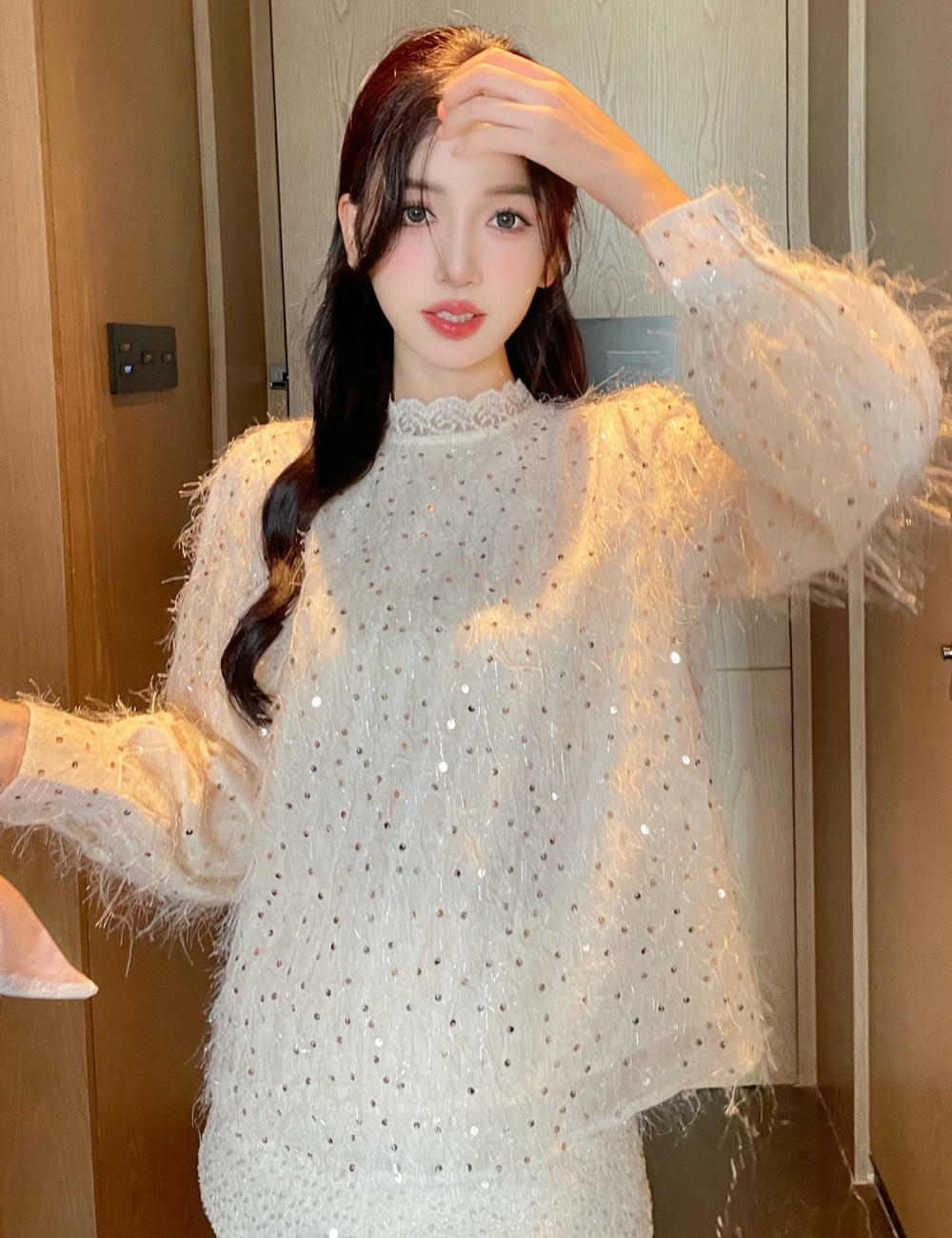 Long sleeve tassels small shirt sequins chiffon shirt