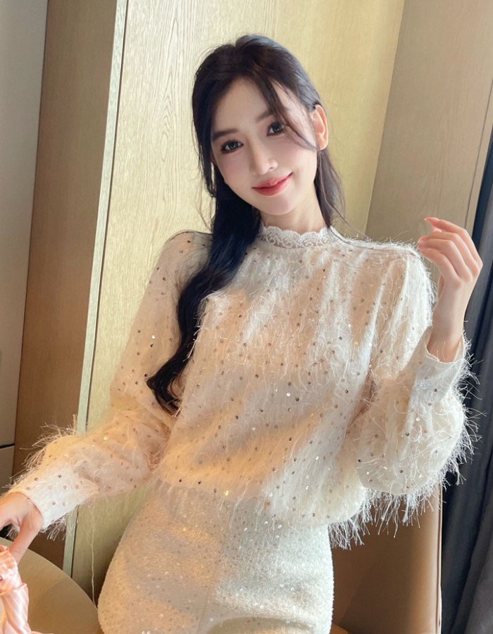 Long sleeve tassels small shirt sequins chiffon shirt