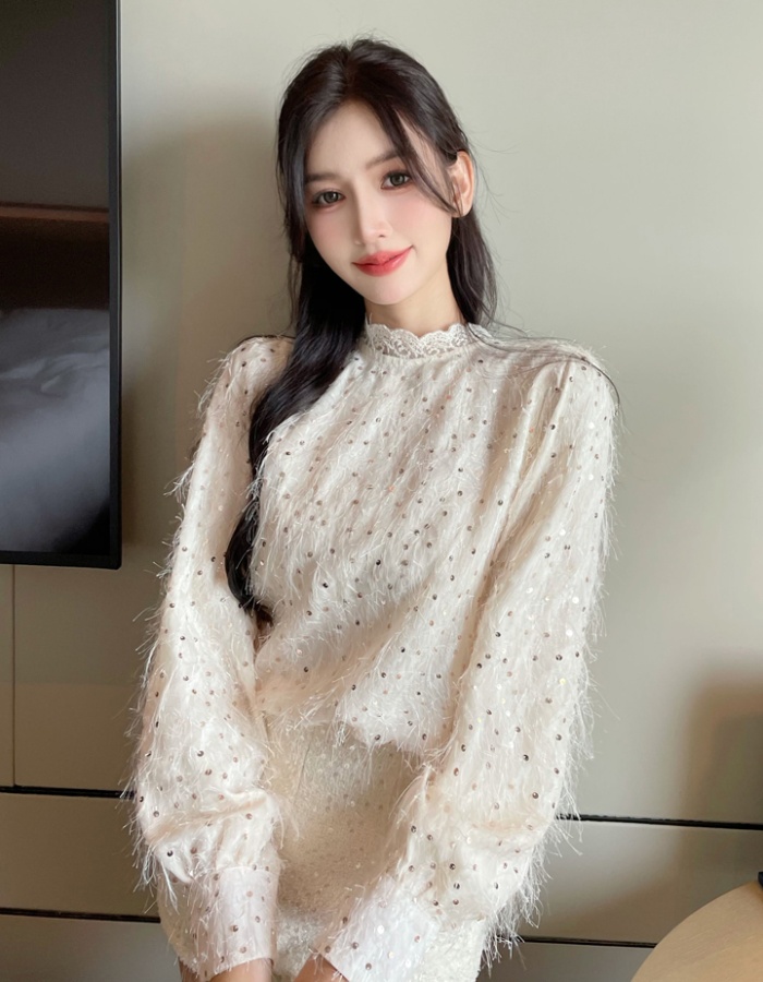 Long sleeve tassels small shirt sequins chiffon shirt