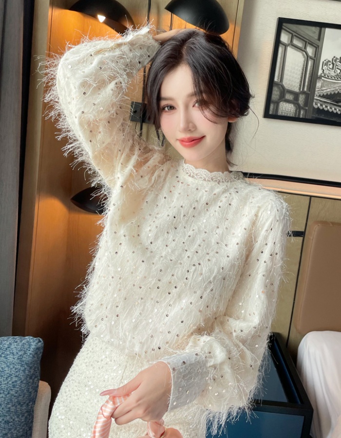 Long sleeve tassels small shirt sequins chiffon shirt