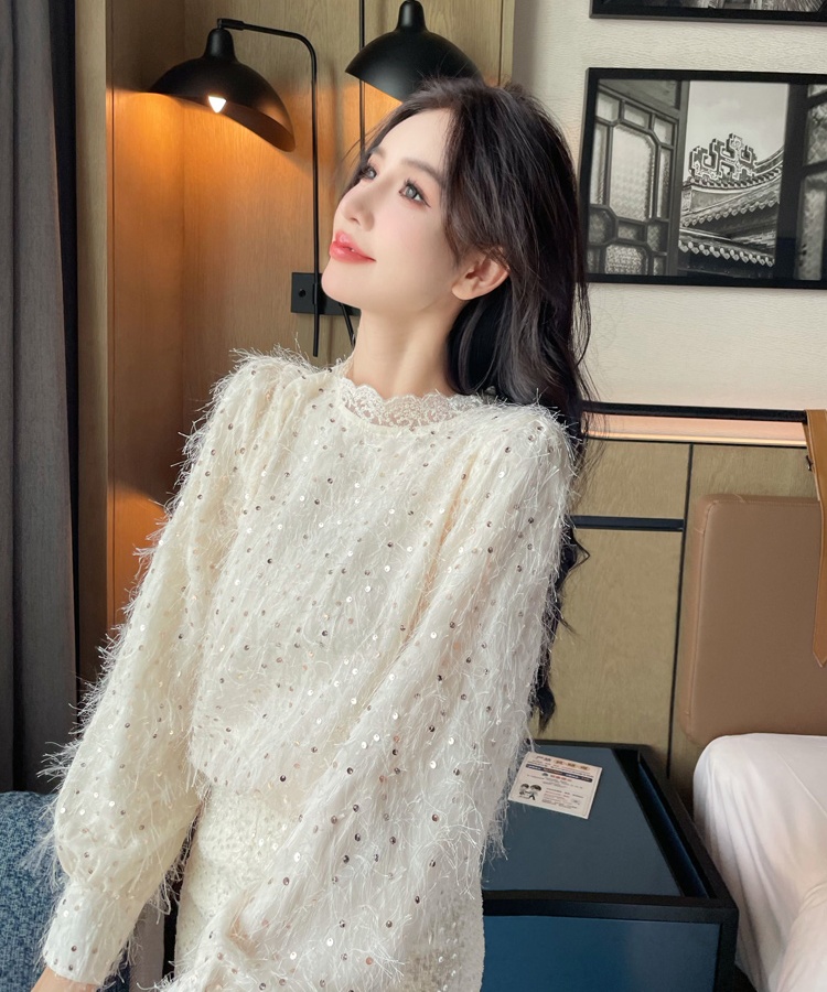 Long sleeve tassels small shirt sequins chiffon shirt