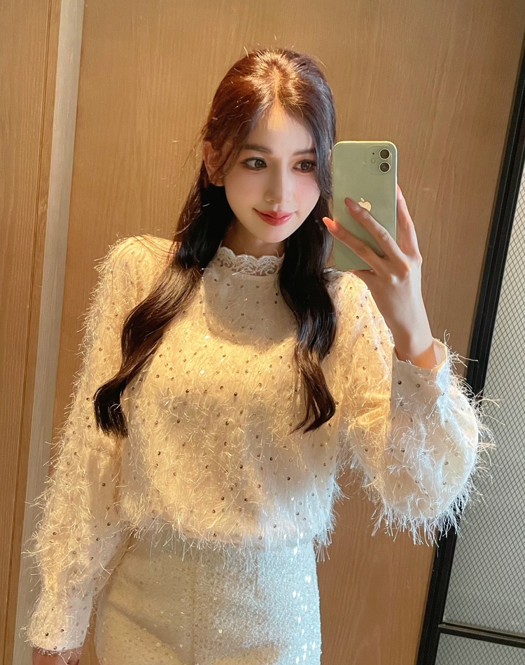 Long sleeve tassels small shirt sequins chiffon shirt