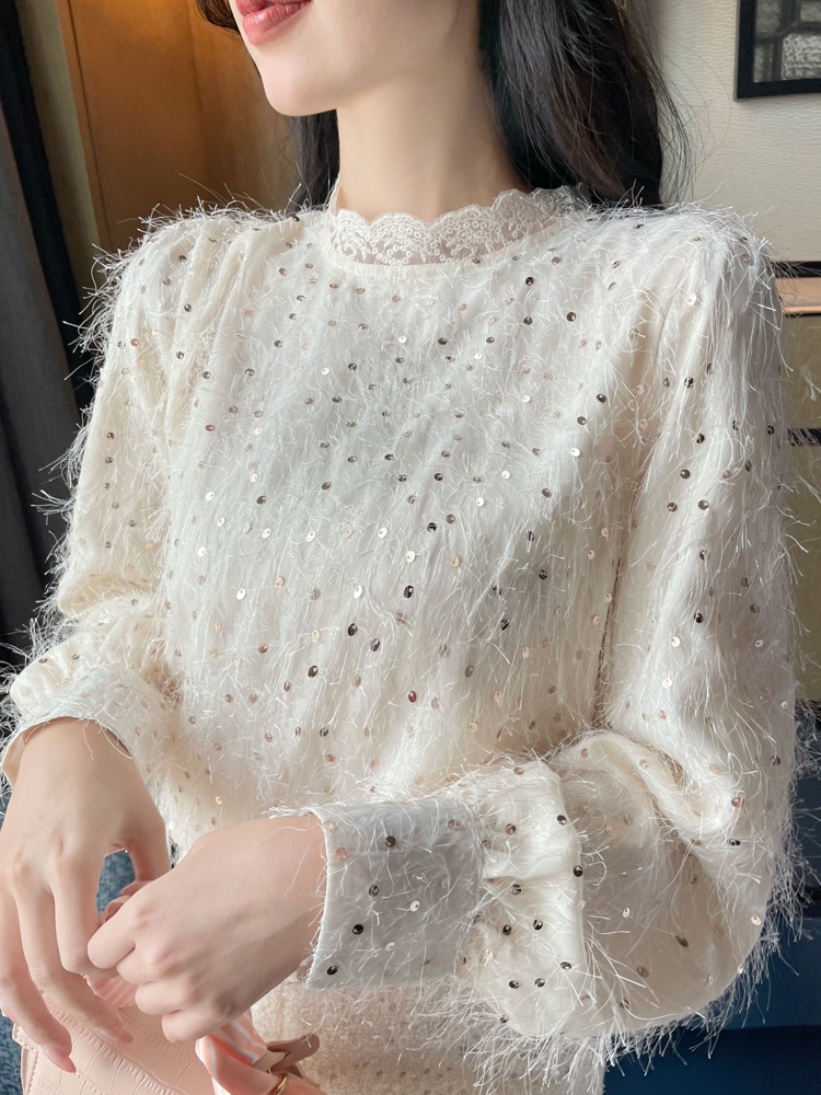 Long sleeve tassels small shirt sequins chiffon shirt