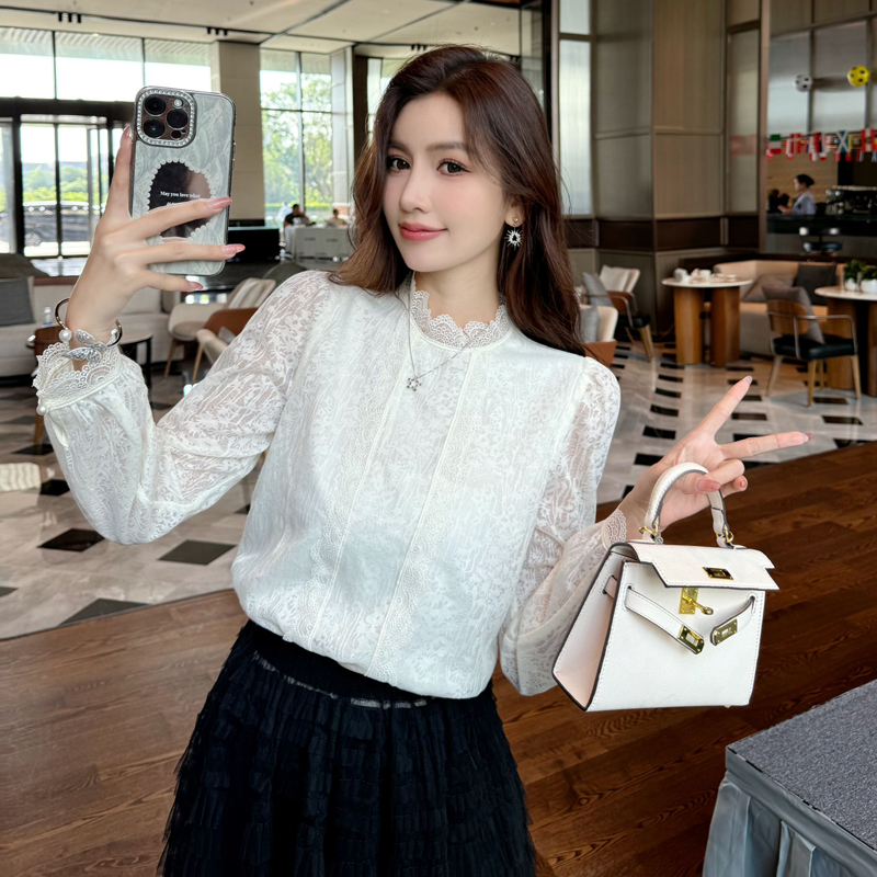 Spring stand collar tops lace retro shirts for women