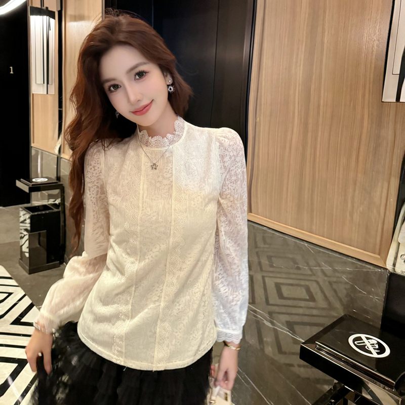 Spring stand collar tops lace retro shirts for women