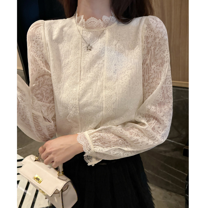 Spring stand collar tops lace retro shirts for women