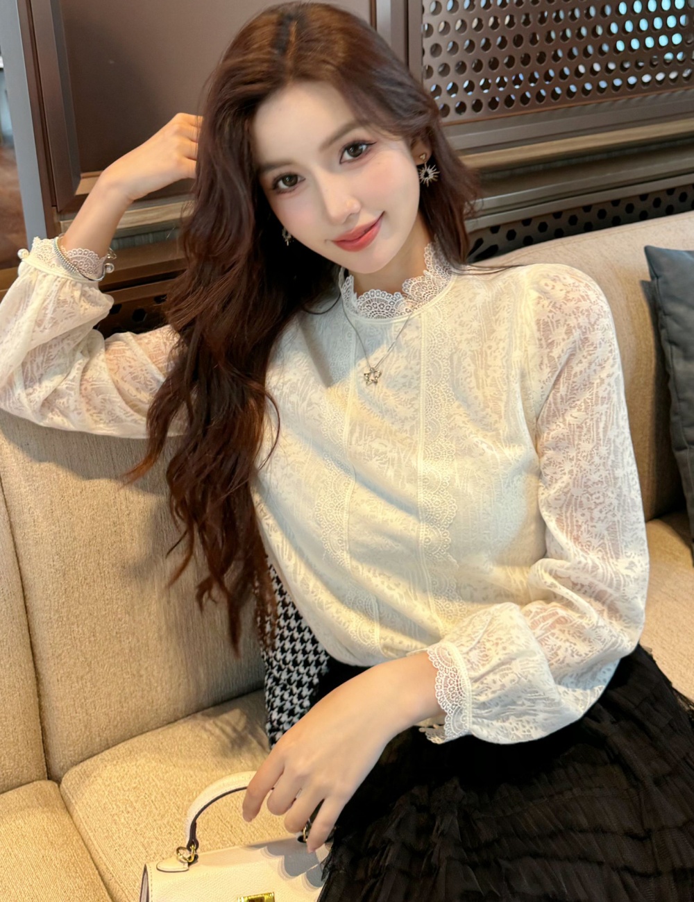 Spring stand collar tops lace retro shirts for women