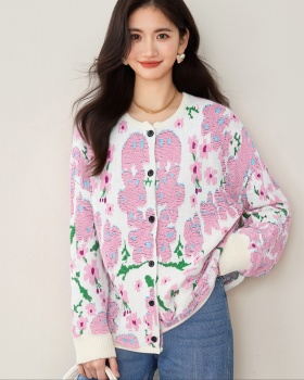 Lazy loose sweater retro flowers cardigan for women