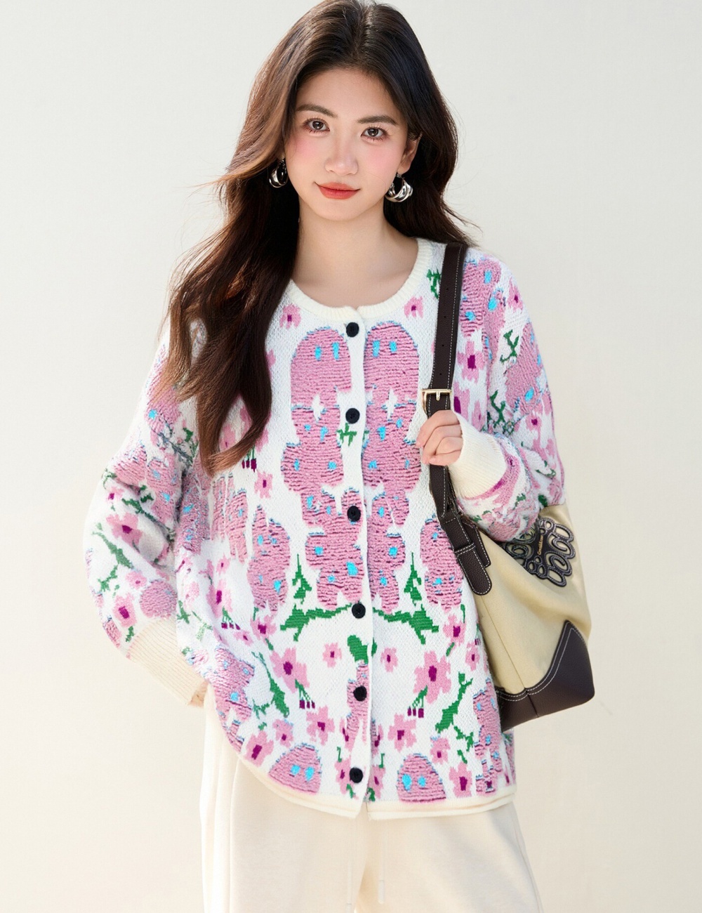 Lazy loose sweater retro flowers cardigan for women