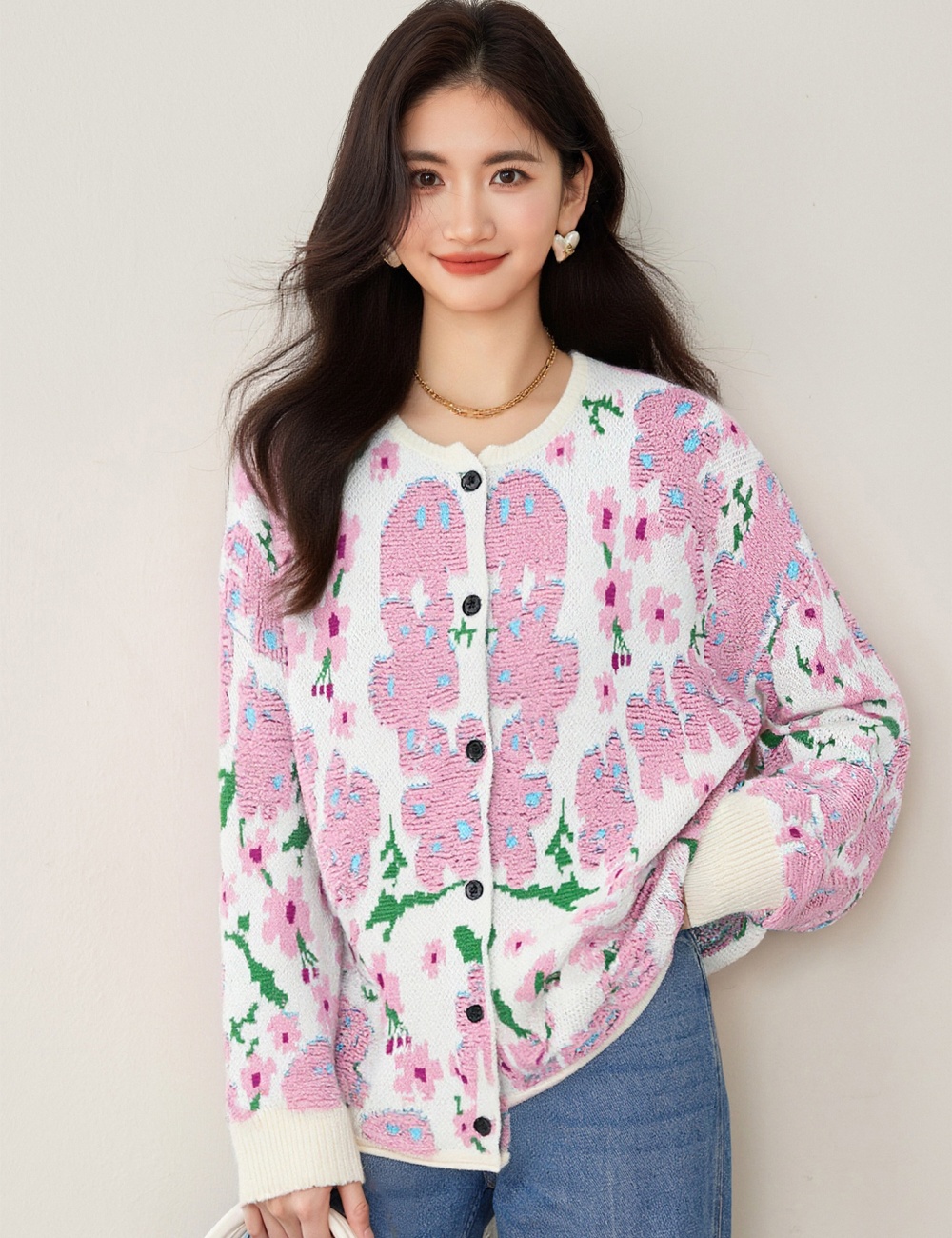 Lazy loose sweater retro flowers cardigan for women