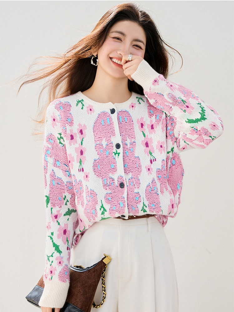 Lazy loose sweater retro flowers cardigan for women