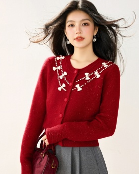 Sweet bow retro coat beading all-match sweater