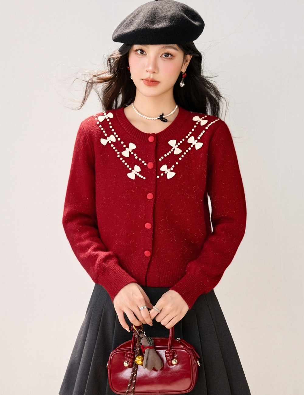 Sweet bow retro coat beading all-match sweater