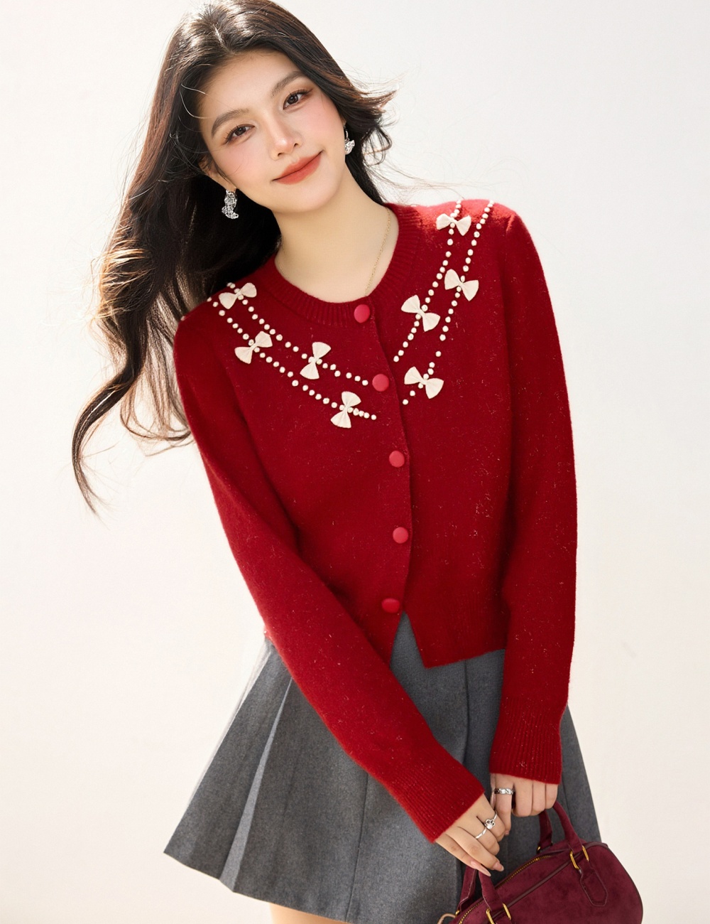 Sweet bow retro coat beading all-match sweater
