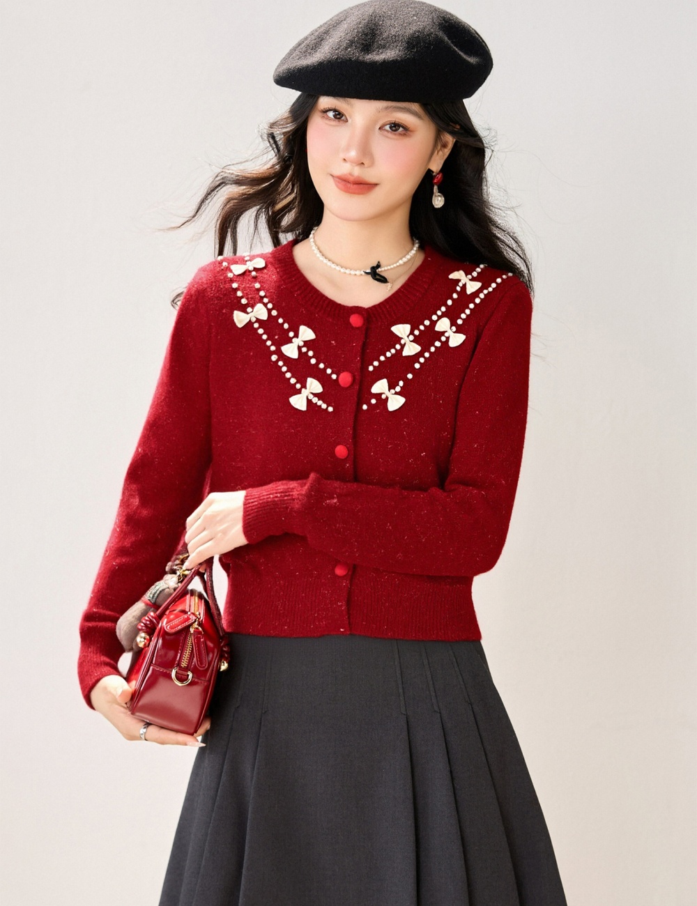 Sweet bow retro coat beading all-match sweater