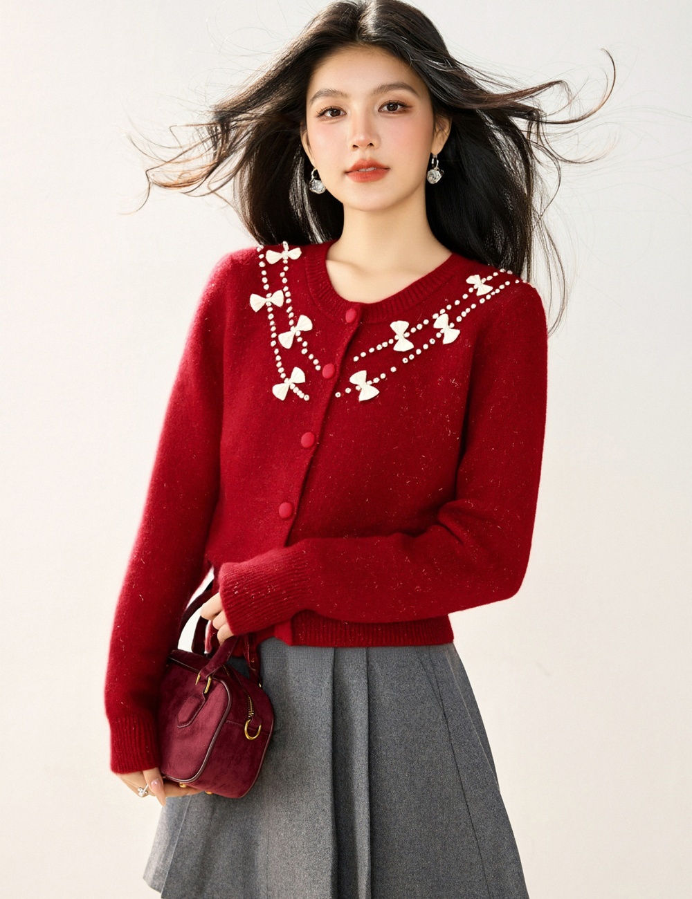 Sweet bow retro coat beading all-match sweater