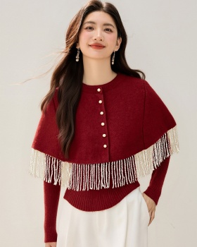 Knitted tassels cloak chanelstyle retro tops 2pcs set