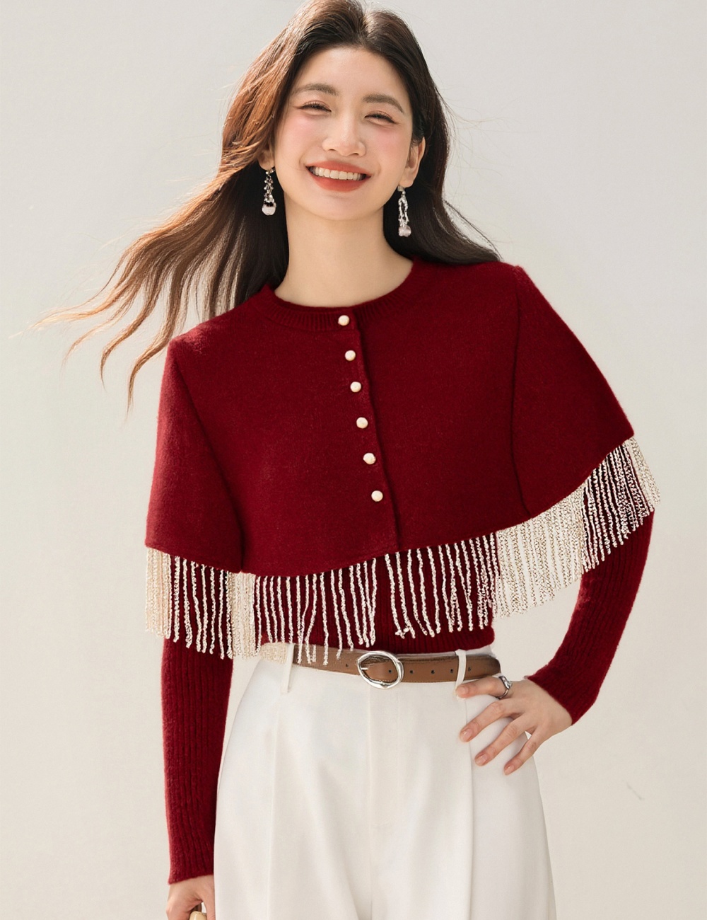 Knitted tassels cloak chanelstyle retro tops 2pcs set