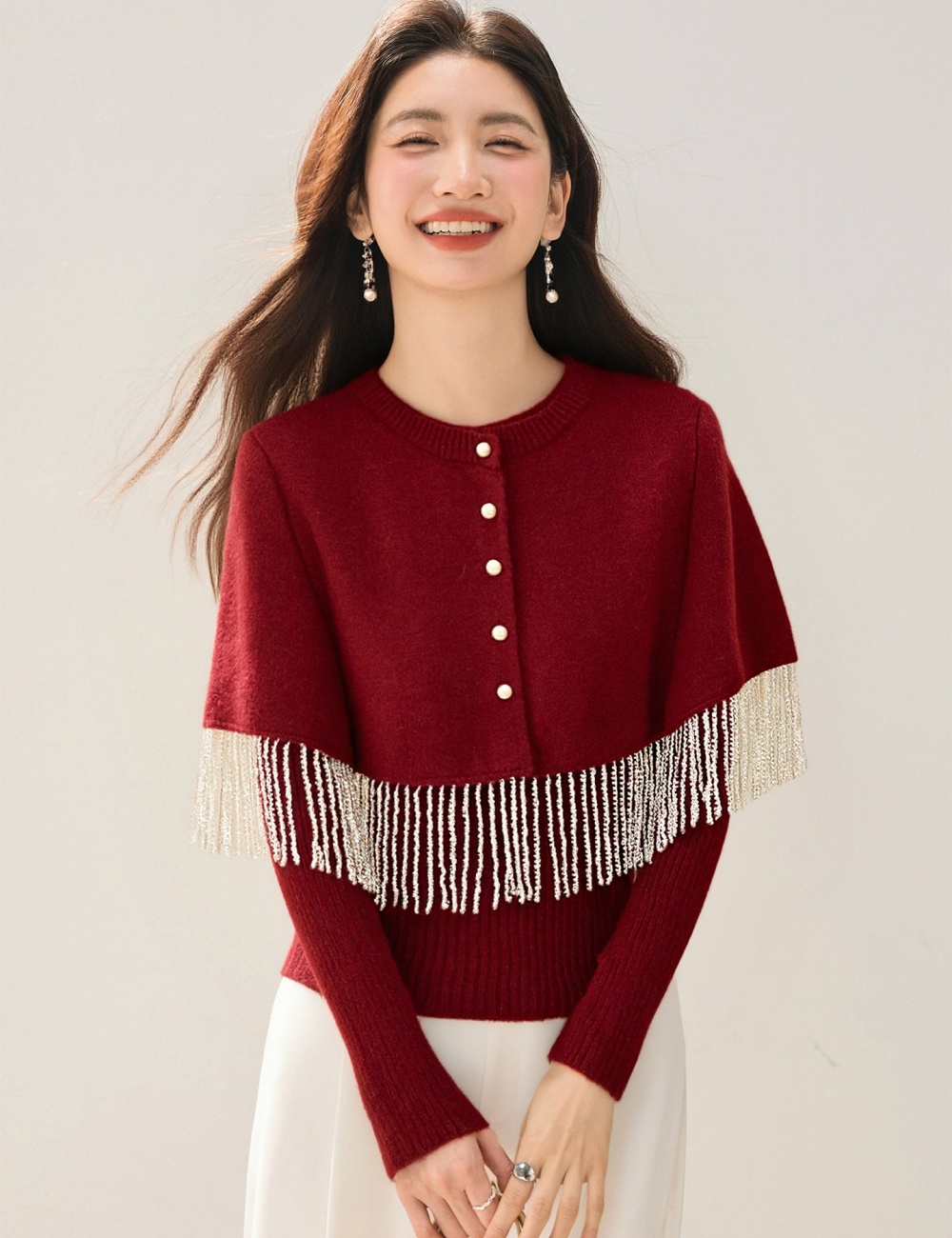 Knitted tassels cloak chanelstyle retro tops 2pcs set