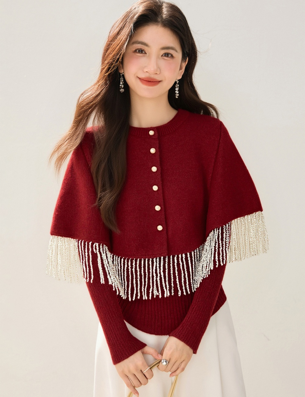 Knitted tassels cloak chanelstyle retro tops 2pcs set