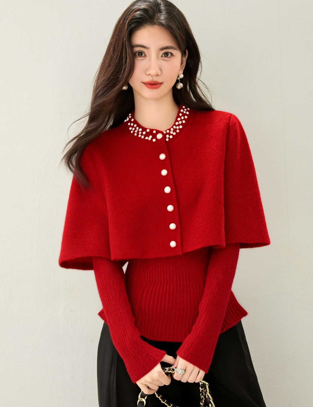 Autumn and winter slim tops beading cloak for women