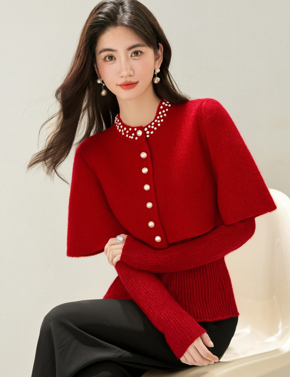 Autumn and winter slim tops beading cloak for women