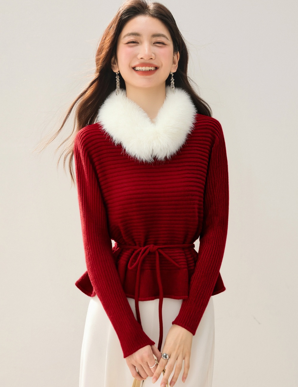 Tender lazy pinched waist sweater bandage Western style tops