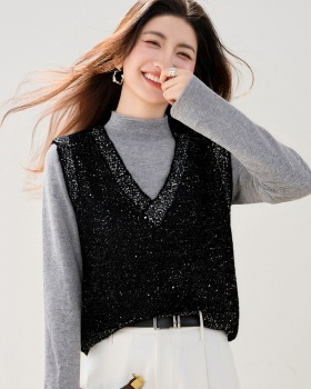 Sleeveless loose V-neck waistcoat Korean style sequins tops
