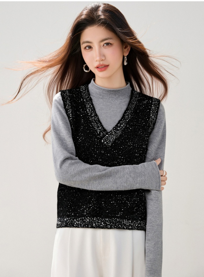 Sleeveless loose V-neck waistcoat Korean style sequins tops