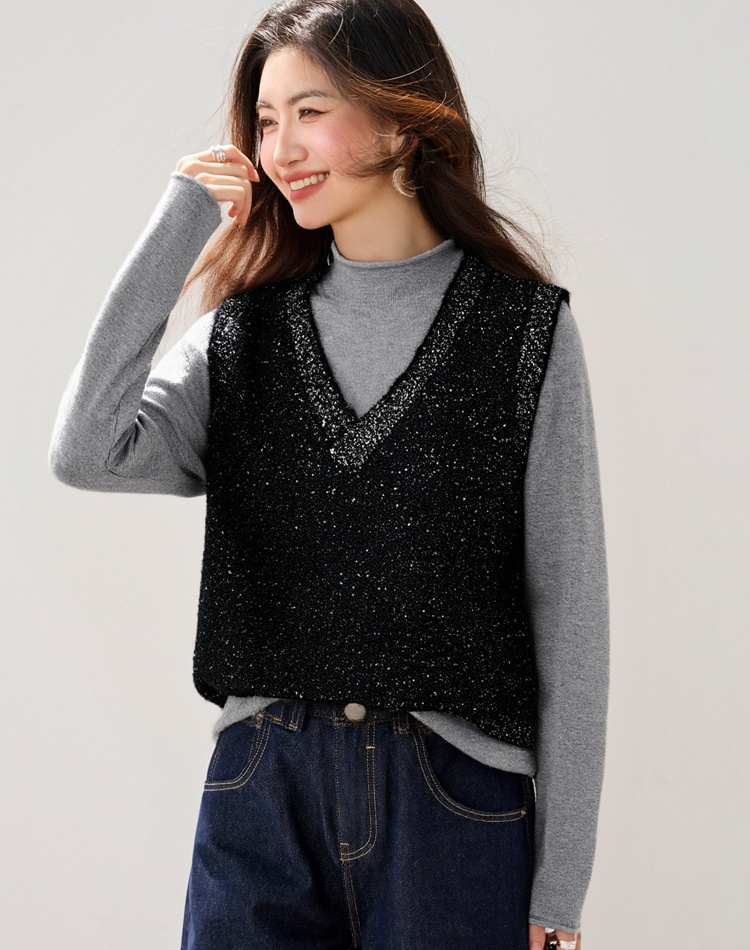 Sleeveless loose V-neck waistcoat Korean style sequins tops