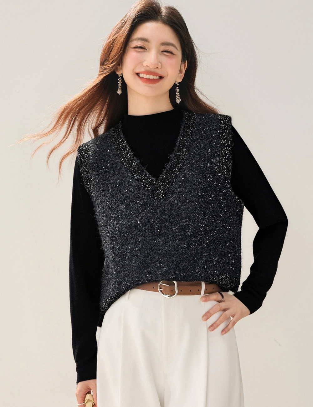 Sleeveless loose V-neck waistcoat Korean style sequins tops