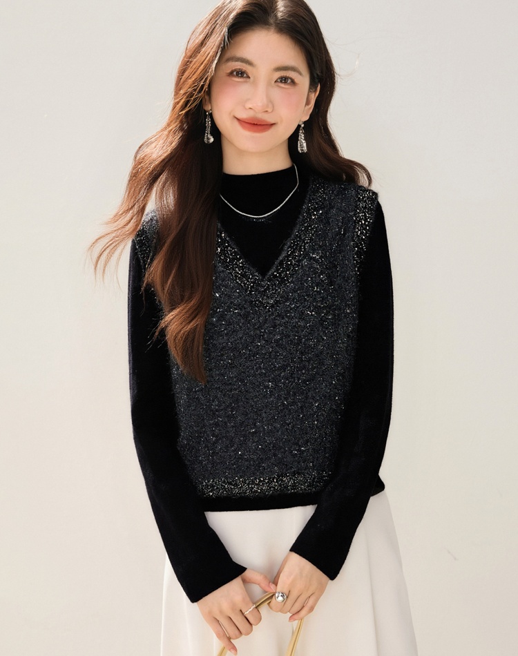 Sleeveless loose V-neck waistcoat Korean style sequins tops