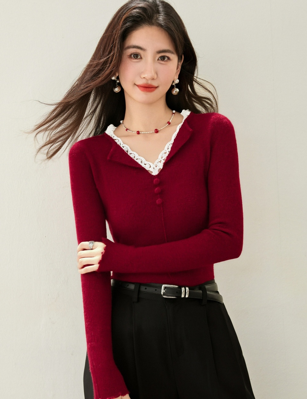 Temperament lace sweater sweet tops for women