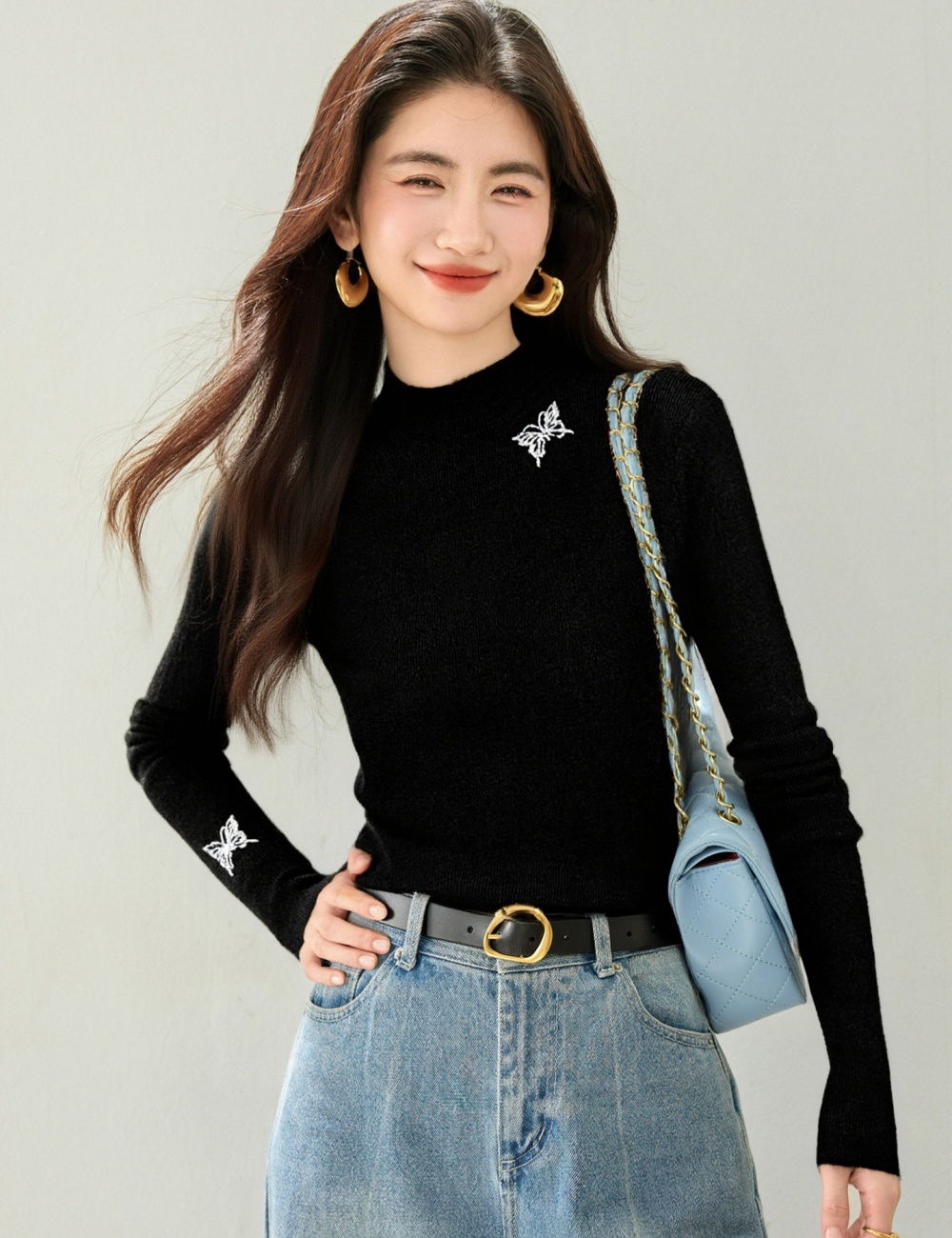Bottoming autumn half high collar butterfly tops for women