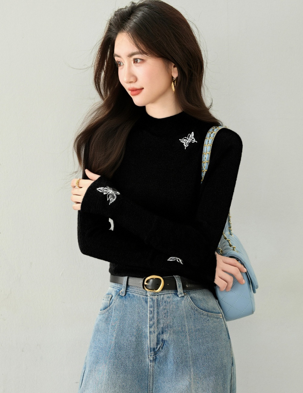 Bottoming autumn half high collar butterfly tops for women