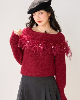 Loose flat shoulder tops lazy long sleeve sweater for women