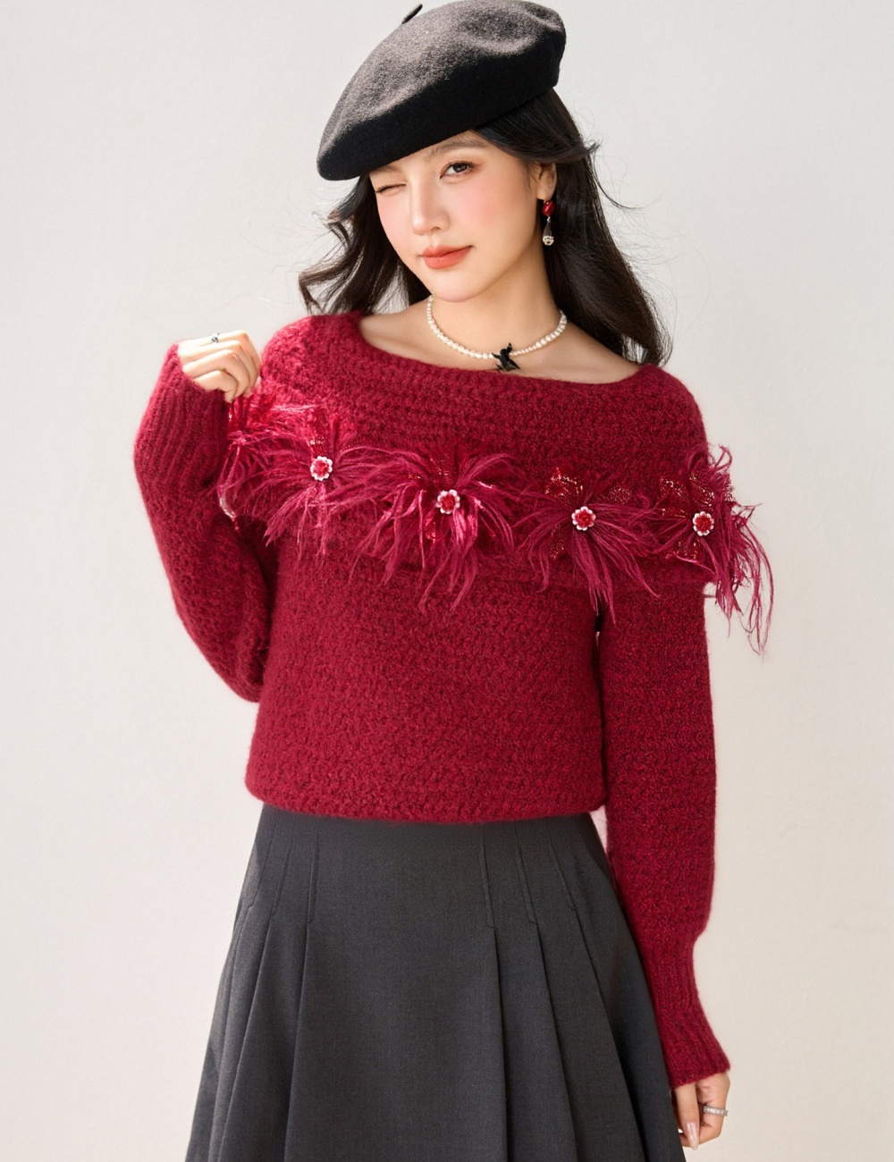 Loose flat shoulder tops lazy long sleeve sweater for women